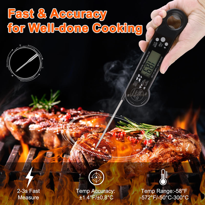 Meat Thermometer Digital - Food Thermometer with Bottle Opener for Cooking, Instant Read with Backlight & Calibration, Convenient for Grilling, Cooking, BBQ, Kitchen Use, Compact & Easy Storage Black