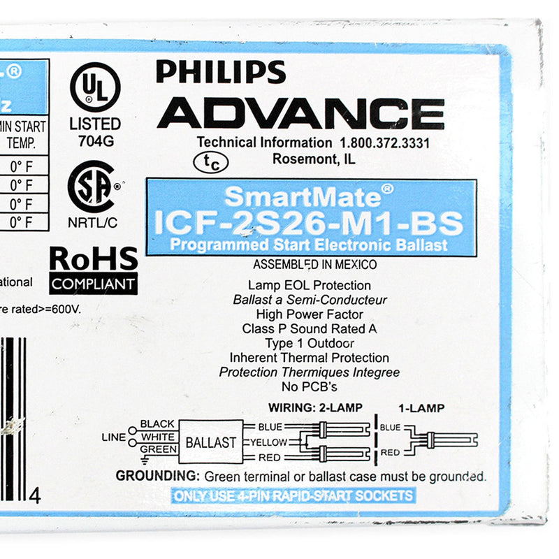 Advance ICF-2S26-M1-BS Compact Fluorescent Ballast, 1 or 2 Lamp, 26W Quad/Triple CFL, 120/277V