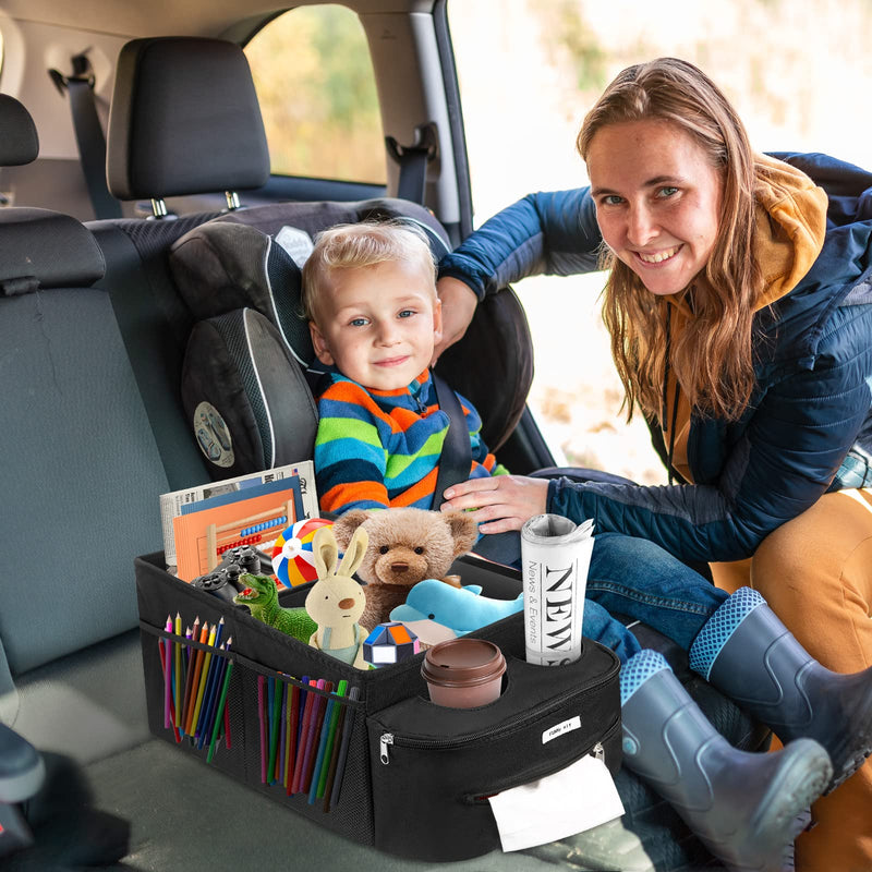 FUNNy elf Passenger Seat Organizer, Collapsible Car Storage with Partitions & 4 Cup Holders for Front or Back Seat Black