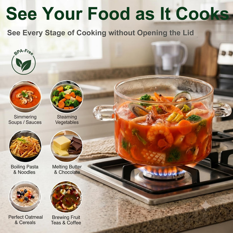 67 oz Glass Simmer Pot with Lid - Stovetop Safe Cookware for Cooking | 1900ml, Heat-Resistant Borosilicate Glass, Stovetop Safe for Cooking, For Potpourri, Soup, Pasta, Baby Food, Dual Handles