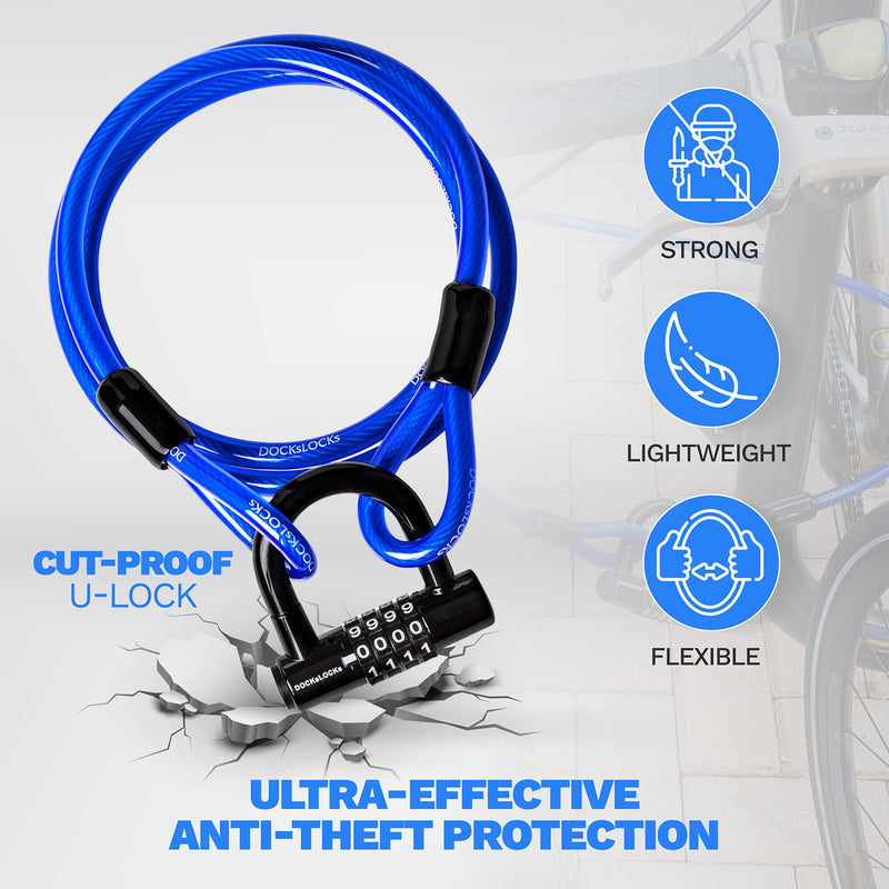 Security Cable Lock Set (5' to 25' Lengths) with U-Lock, 5ft | Anti-Theft Protection, 10mm Looped Ends Cable, Vinyl Coated, Weatherproof, Compact, Keyless, Resettable Combination