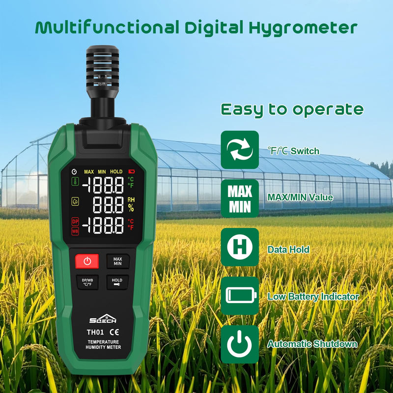 Temperature Humidity Meter, SQECH Digital Hygrometer with Ambient Thermometer,Dew Point,Wet Bulb,Flashlight,Max/Min,Data Hold,High Precision Psychrometer Monitor with Color Backlight for Home HVAC