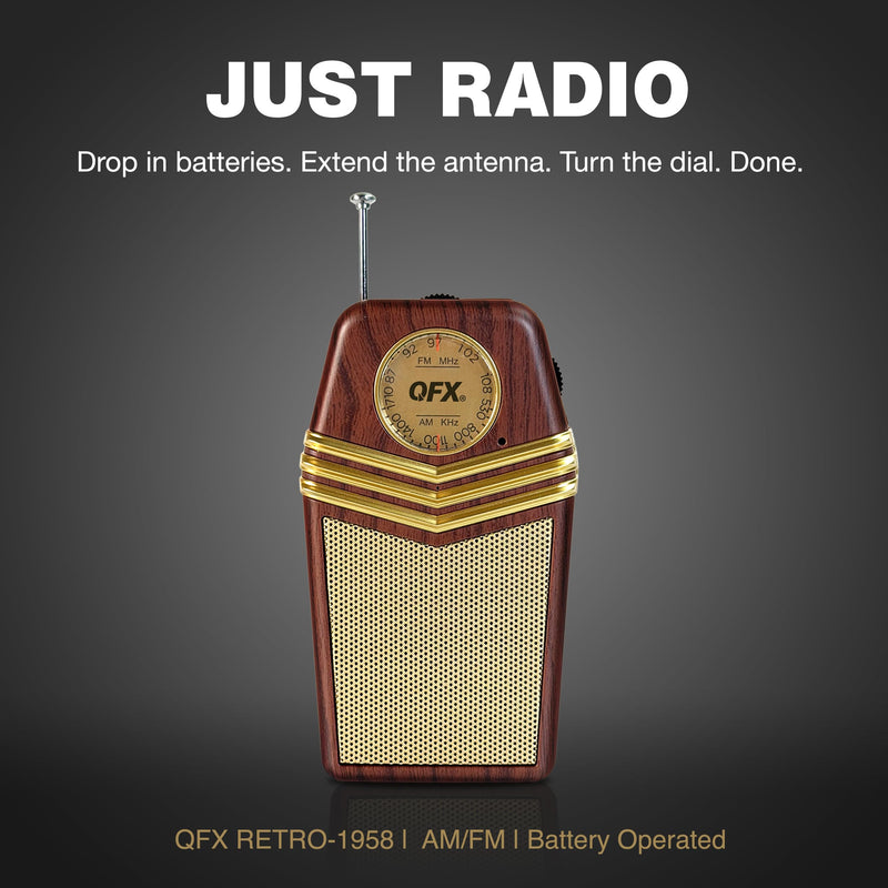 QFX Retro Portable Transistor Pocket AM FM Radio, RETRO-1958, Wood | Telescoping Antenna, High-Fidelity Speaker, Headphone Jack, Battery Operated, Classic 1950s Design