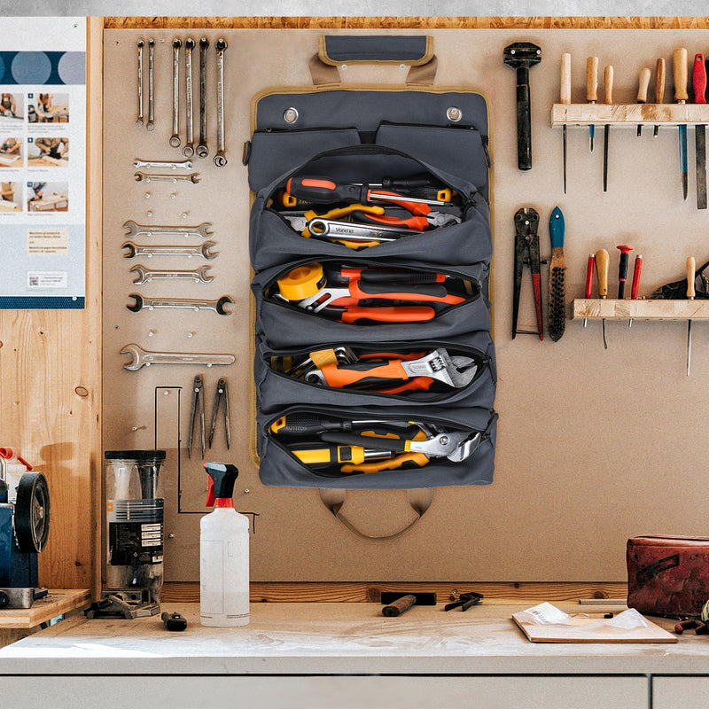 Tool Bag Tool Bags for Men Heavy Duty Tool Organizer, Portable Roll Up Tool Bag Gifts For Him, Mechanic, Electrician and Hobbyist, Car Tool Roll Organizer Grey