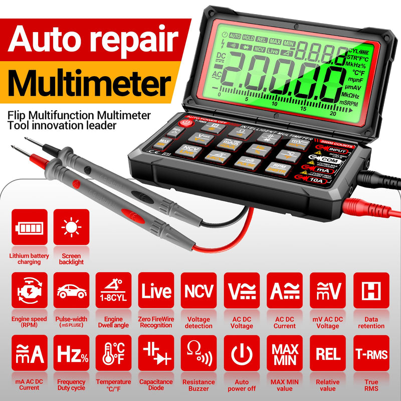  [AUSTRALIA] - ANENG Multimeter,20000 Counts Digital Rechargeable Automotive Engine Analyzer with 300-19999RPM Tach,Dwell Angle,Duty Cycle,AC/DC Current,Voltage,Amp,Ohm,Flip LCD,Data Hold Tester for Car Diagnostics 20000 Counts Flip Multimeter