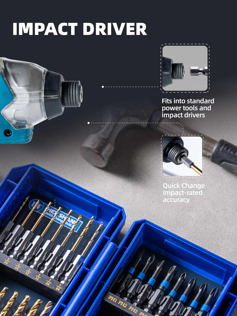 HIGHFIRE 30PCS Impact Driver Bit Set Include Screwdriver Bit Set,Step Drill Bit,Hex Shank Drill Bit with Tough Stackable Case, Idea for Hanging Pictures, Assembling Furniture and Home Tasks Assorted (30pcs)