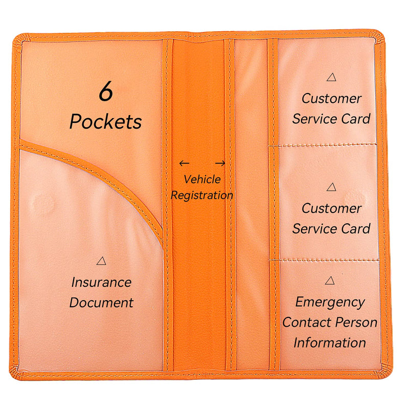 Car Registration and Insurance Holder, Premium Pu Leather Vehicle Glove Box Organizer - for Driver License, Cards & Essential Documents (L-Orange) Large Orange