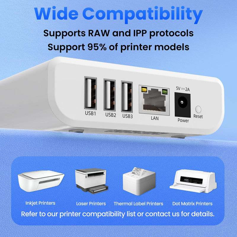 Wireless Print Server for Sharing 3 USB Printers Over Local Network, Easy Setup, Supports Image and Text Printing, Compatible with All RAW and IPP-Supported Printers LK300W. 3 USB Port