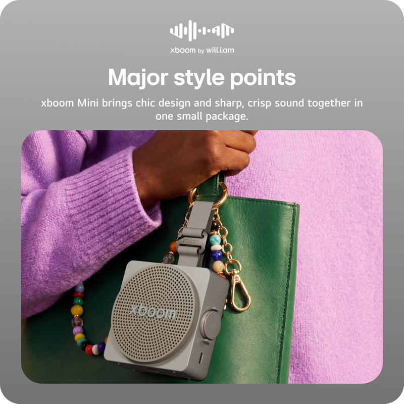 LG xboom Mini by will.i.am Portable Outdoor Bluetooth Speaker, up to 10 Hours, IP67 Dust and Water Resistant, Adjustable Hanging Strap, Warm Grey
