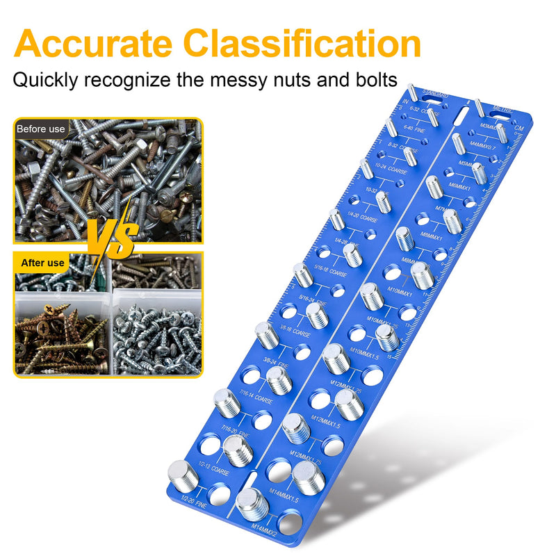 30-in-1 Nut & Bolt Thread Checker – Standard & Metric Thread Gauge Tool with 15 SAE & 15 Metric Sizes, Wall-Mountable Thread Identifier with Inch & CM Ruler