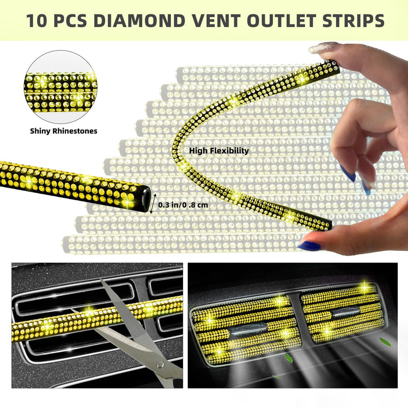 NBTEPEM 30 Pcs Yellow Bling Car Accessories Set for Women, Steering Wheel Cover Set, Bling Console Cover, Seat Belt Cushion, Shift Knob Cushion, Cup Holder Coaster, Rhinestone Car Hanging Accessories Yellow Diamond