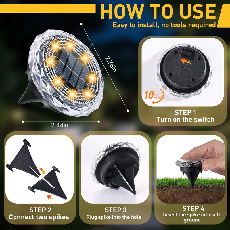 Solar Ground Lights, Solar Disc Light Outdoor Waterproof,Landscape Lighting Garden Lights for Pathway, Yard, Deck, Lawn, Patio, Swimming Pool,Walkway(Warm, 12Pack) Warm colors 12 Pack