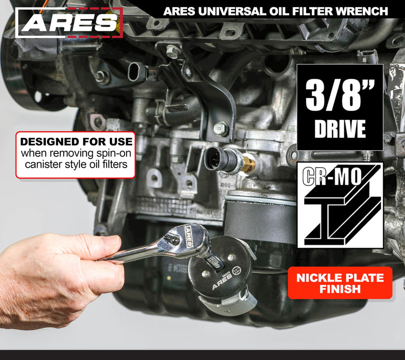 ARES 56028 - Universal Oil Filter Wrench - 3/8-Inch Drive - Removes 2.5 to 3.25-inch Diameter Spin-On Style Oil Filters 2.5" - 3.25" Universal Wrench