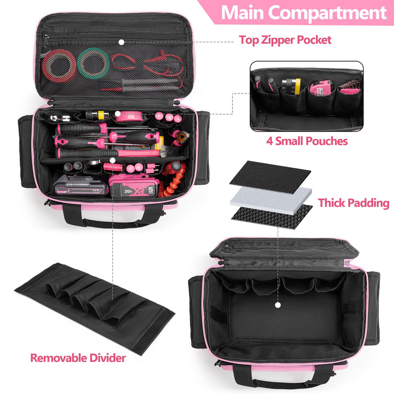 Rexmica Pink Tool Bag for Women, Tool Storage Organizer with Anti-friction and Thick Padded Bottom, Tactical Range Bag, Multi-functional Work Bag for Repairman, Electrician, Carpenters, Pink