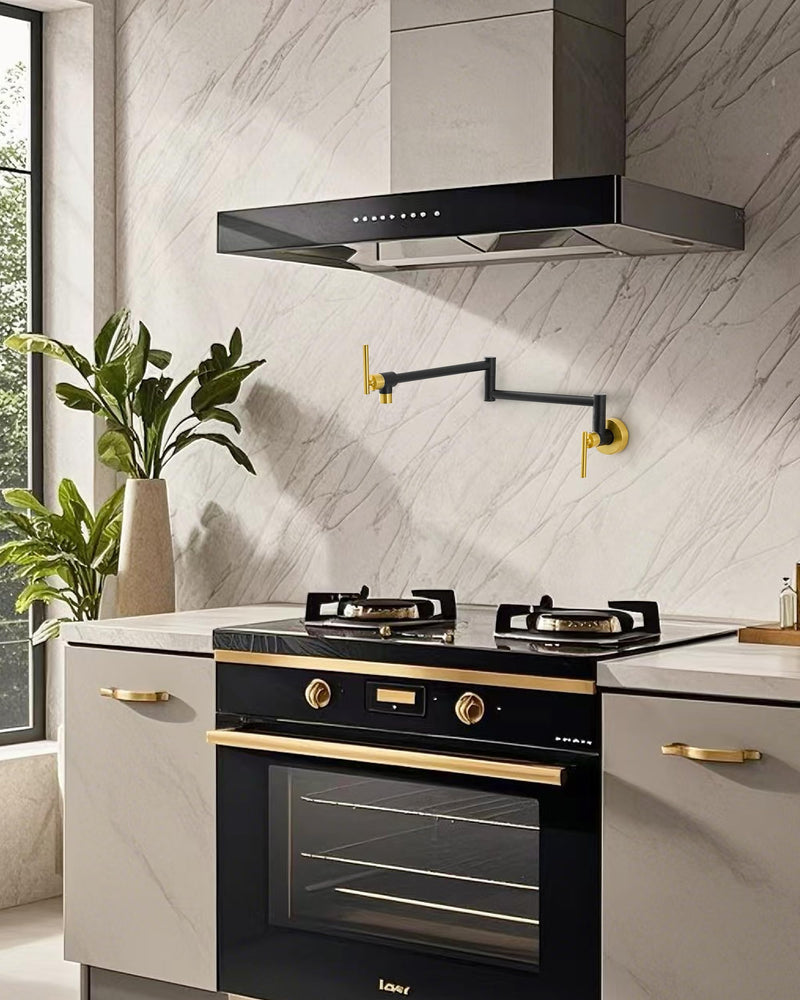 Fransiton Black Gold Pot Filler, Pot Filler Faucet Wall Mount, Brass Folding Stretchable with Double Joint Swing Arm Single Hole Two Handles Kitchen Black & Gold
