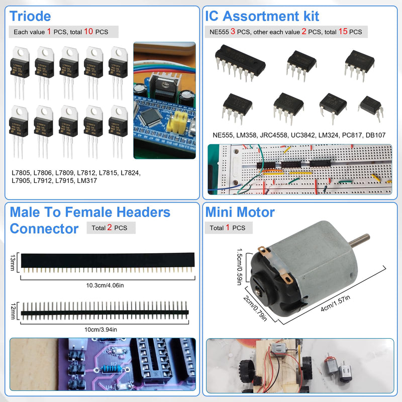 Electronic Component Kit, 1780 Pcs DIY Electronics Kit with Resistors,Capacitor,LED Diodes,Transistors,Dupont Wire,Breadboard,PCB,Potentiometer,Triode,IC,Crystal Oscillator,Buzzer,Switch,Motor,Speaker