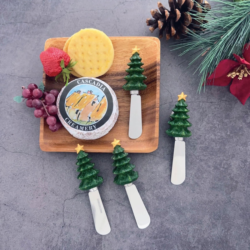 UPware Christmas Tree Cheese Spreaders, Hand-Painted Resin Handles with Stainless Steel Blades for Spreading Cream Cheese, Butter, Jam, or Sandwich, Set of 4