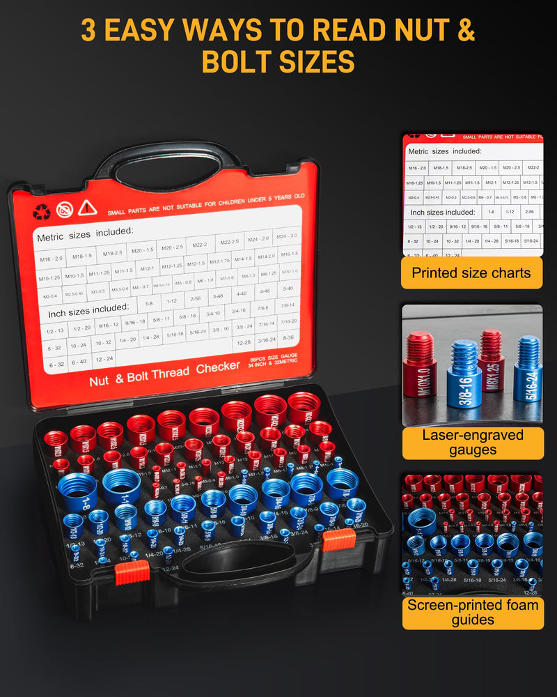 66-Piece Nut and Bolt Thread Checker Kit | 34 SAE (Blue) + 32 Metric (Red) Thread Gauges - Precision Bolt Size Finder for Tight Spaces, DIY & Professional Repairs 66