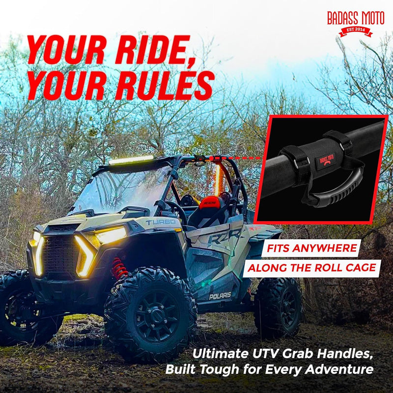 Badass Moto Roll Bar Grab Handles - SXS, ATV, & UTV Grab Handles Grips for 1.5 to 2" Rollbar - Black & Red Hand Grip Grabs with Stainless Steel Buckles for Honda, Teryx, Can-Am, Polaris, More - 2 pack Black 2-PK