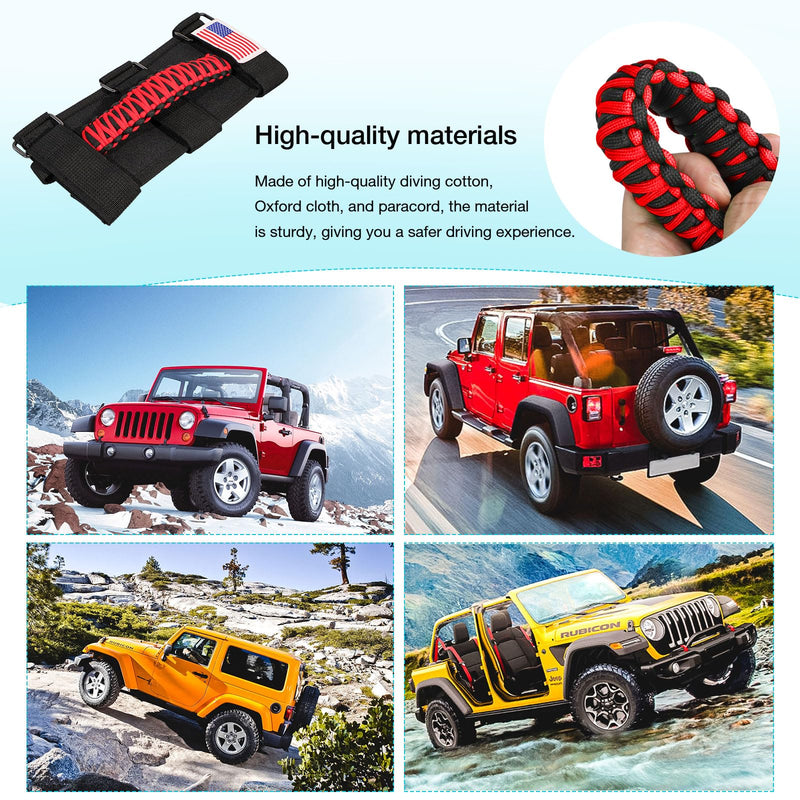 GAIZON 4 Pack Grab Handles Paracord Roll Bar for Jeep Wrangler Accessories CJ YJ TJ JL JK LJ JLU JKU Sahara Freedom Rubicon,Gladiator JT 1955-2023 Interior Accessories with America Flag(Red) Red
