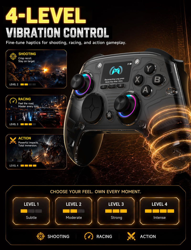 AOC PC Controller with Interactive Screen, Hall Effect Sticks & Triggers | for PC/Switch/Switch 2/PS4/iOS/Android/Steam Deck, BT/2.4G/Wired, Screen Setup,No-Drift Hall Joysticks, Macro,RGB, Up to 18H Black