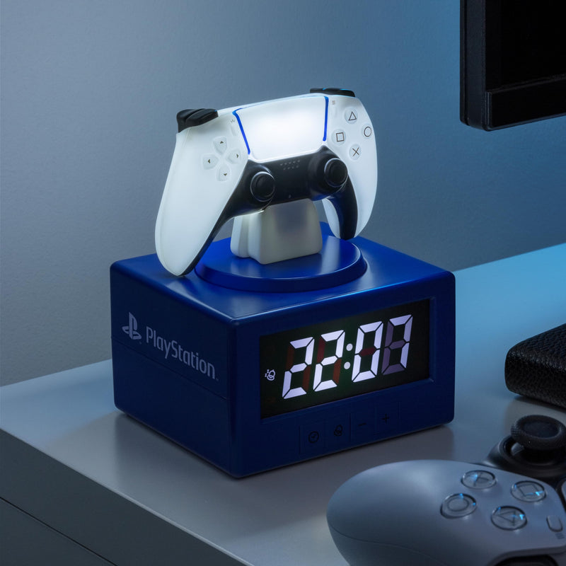 Paladone PlayStation DualSense Controller Alarm Clock with Night Light – Digital Gaming Clock for Kids, Teens, and Bedrooms – Official Licensed PlayStation Decor Small White, Blue