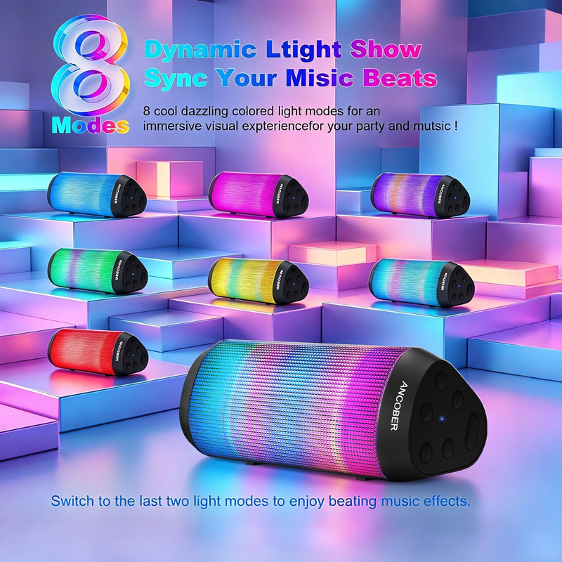 Portable Bluetooth Speaker Powerful HD Loud Sound, LED Lights, IPX4 Wateproof, 24H Playtime, Wireless TWS Pairing, Built-in Mic, for Home/Outdoor/Party, Cool Electronics, Birthday Gifts for Men Women Black