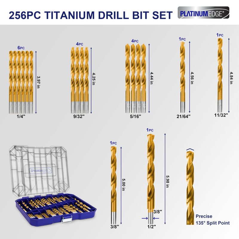 276pc Titanium Twist Drill Bit Set with S2 Bits 135° Tip High Speed Steel, Size from 1/16" up to 1/2", Ideal in Wood Cast Iron Aluminum Alloy Plastic Fiberglass, Clear Lid Case SAE 276 Pieces Drill Bit Set 135°