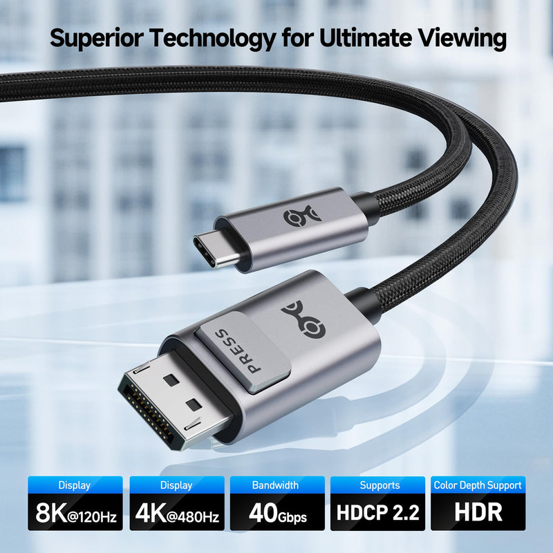 Cable Matters 40Gbps Bi-Directional USB-C to DisplayPort 2.1 Cable - 1.8m / 6ft, DP40 (UHBR10), 8K@120Hz / 4K@480Hz, DisplayPort to USB C Cable for DP Alt Mode Devices (No Power Delivery)