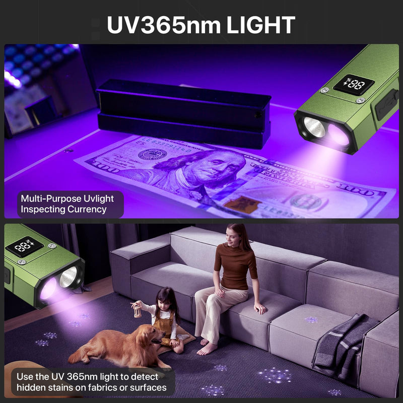 EDC Flashlight Rechargeable,1200 Lumens Ultra Bright Flat Flashlight with 9 Modes, Portable Pocket Flash Lights with UV Light,Magnetic Flash Light for Working Green