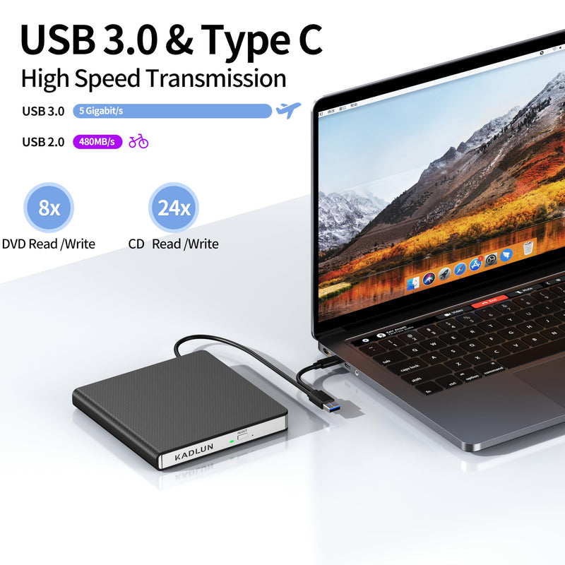 External CD DVD Drive for Laptop USB 3.0 USB C CD Burner External DVD Drive Portable CD ROM Burner Reader Writer Drive External DVD Player for Laptop Desktop PC Windows 11/10/8/7 MacBook Mac OS Linux black-2 in 1