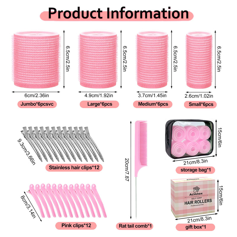  [AUSTRALIA] - 4 Sizes Self-Grip Hair Rollers Set with Clips - 4 Sizes for Long, Short Hair & Bangs (25mm, 36mm, 48mm, 60mm), (Pink, 4 Sizes) Pink