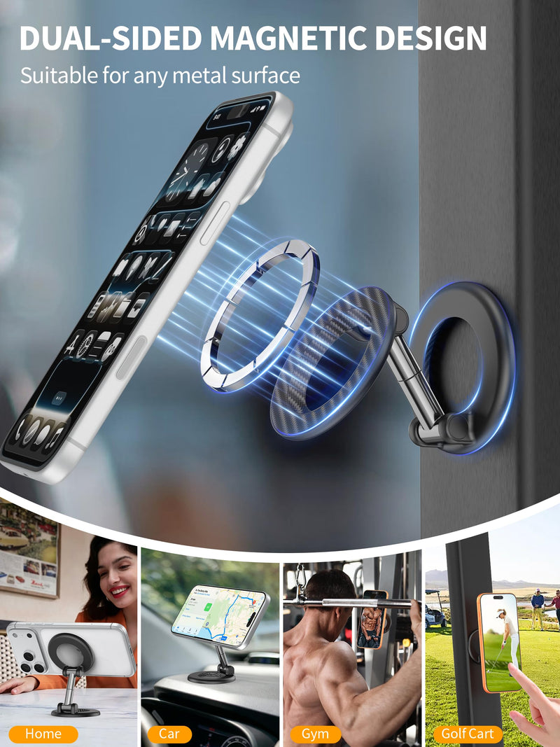 Dual-Sided Magnetic Phone Holder Mount for MagSafe Phone Grip Stand, 360° Adjustable Magnetic Phone Stand for iPhone/Sumsung/Google/Android, Foldable MagSafe Phone Ring Holder for Car, Gym, Golf Cart