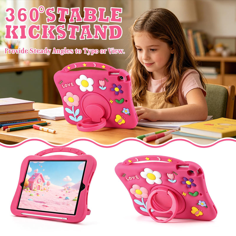 SAMONPOW for iPad 9th/8th/7th Generation Kids Case 10.2 Inch 2021/2020/2019 | Girly Flower Silicone Cover 9th/8th Gen iPad Case 10.2 Inch for Girls with 360°Rotating Stand Handle Pencil Holder, Hot Pink for iPad 9th/ 8th/ 7th Gen Case