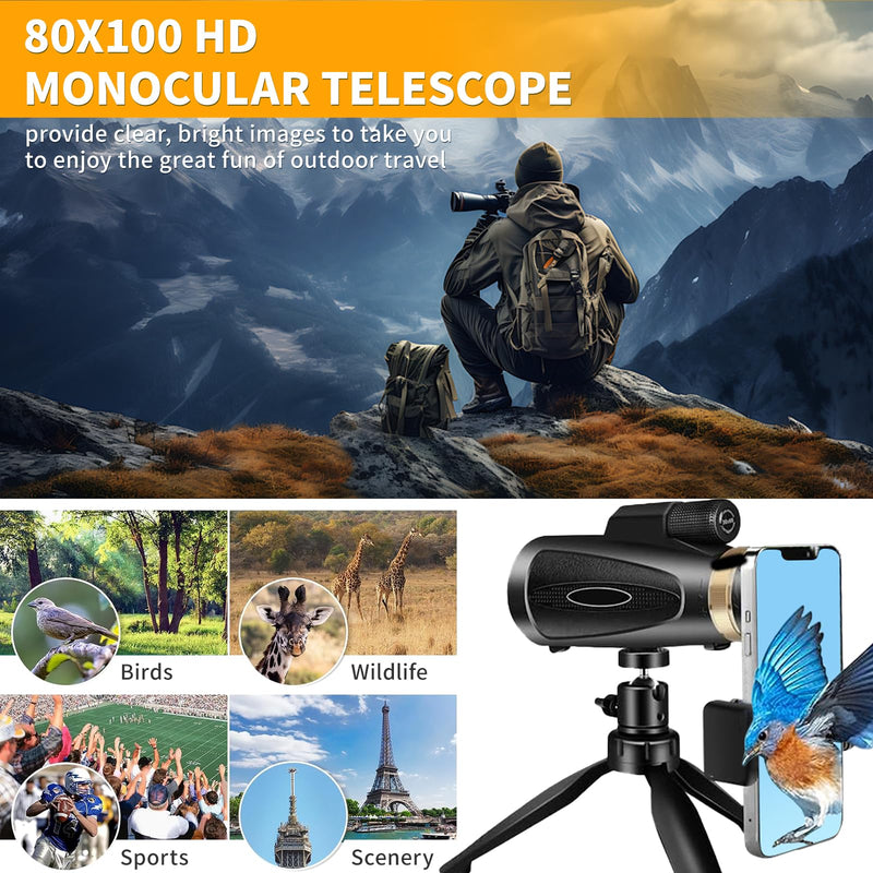 Monocular Telescope 80x100 HD Monoculars for Adults with Tripod & Phone Adapter, Monoculars for Stargazing Camping HikingTravel-Black black