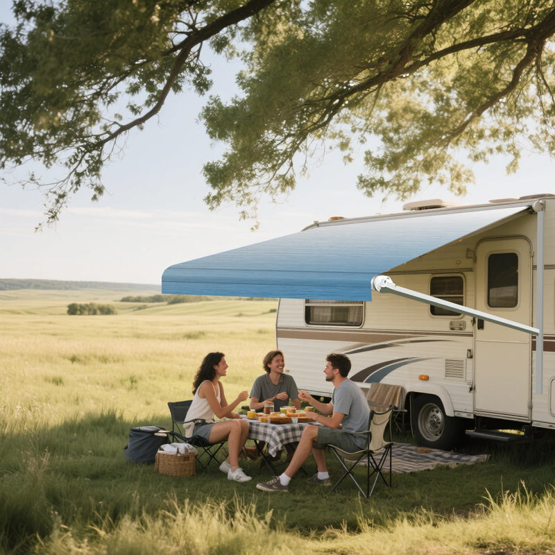 RV Awning Fabric Replacement - Heavy-Duty 19oz Awning Replacement for Camper, Trailer & Motorhome | RV Awning Fabric with with 5 Hooks| Weatherproof Outdoor Canopy 16' (Fabric 15'2") - Blue Fade 16FT(Fabric15'2'') Bule Fade