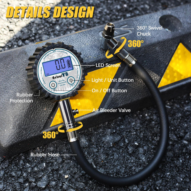 Digital Tire Pressure Gauge with 200 PSI - Heavy Duty Air Chuck, Reinforced Rubber Hose, Professional Accuracy, and LED Backlight 45° Air Chuck