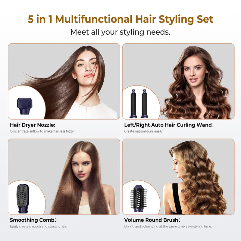 UKLISS 5 in 1 Hair Air Styler Dryer with Air Curlers Auto Curling Wands Multi-use Hair Blow Dryer for Women Set, with Hair Styling Tools Hair Styler Hair Curlers Hair Straightening Brush, Blue/Sliver