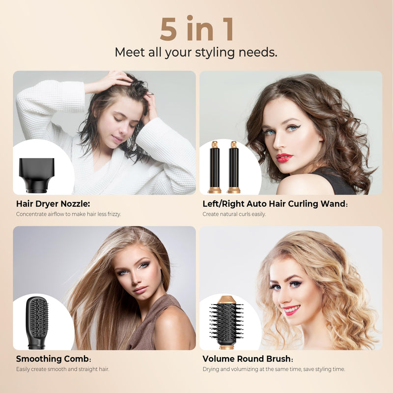 5 in 1 Air Styler Hair Dryer Brush with Rotatable Blow Dryer [60,000 RPM] Air Curlers Volumizer Straightening Brush Hairdryer Nozzle 5 in 1 Magic Styler Hair Styler for Easy Hair Styling, Black