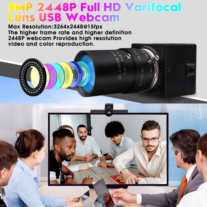 8MP USB Camera Manual Zoom 4K Webcam 5-50mm Variable Focus PC Camera for Computer Mini UVC USB2.0 Web Camera IMX317 Varifocal USB with Camera Industrial Video Close-up Camera for Laptop Android Mac 8MP 5-50mm Varifocal Camera