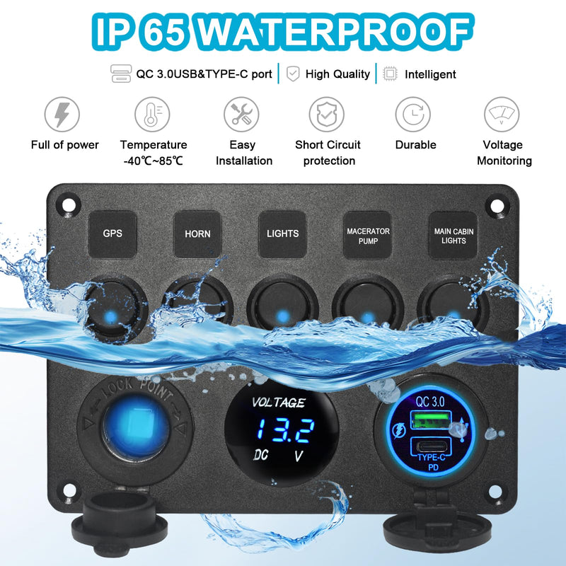 Upgraded 5 Gang Rocker Switch Panel - Type-C/QC 3.0 USB, Digital Volmeter, 12V Outlet, Pre-Wired with Circuit Breakers for RV/Car/Boat/Truck, 2-Year Warranty (Blue) Blue