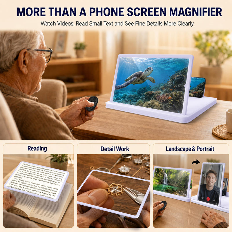 14" Phone Screen Magnifier, Detachable Fresnel Lens, Bluetooth Remote | Anti-Blue Light Phone Screen Magnifier, Horizontal & Vertical Viewing, Detachable Lens, Sliding Case, Cool Gifts