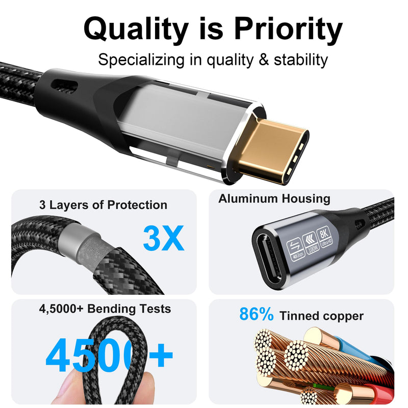 USB-c Extension Cable Long 10FT Compatible with Thunderbolt 4 Extension Cable high Speed 40Gbps Data Transfer, USB c Male to Female, 8K Display/Video 100W, for Docking Station 10ft/3M