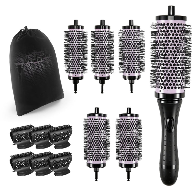 Round Hair Brush Set Detachable Handle Hair Roller Brush 3 Sizes Round Hair Brush for Blow Drying with 6 Positioning Clips,6 Barrels 1 Handle () Purple