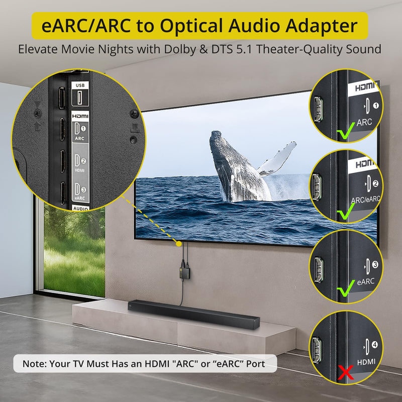 PROZOR eARC/ARC to Optical Audio Extractor, Enhanced eARC Audio Converter Supports Dolby/DTS 5.1, 192KHz HDMI eARC/ARC to Optical Toslink Adapter for TV to Soundbar Amplifier Home Theater 7ft Long eARC/ARC to Optical 7ft