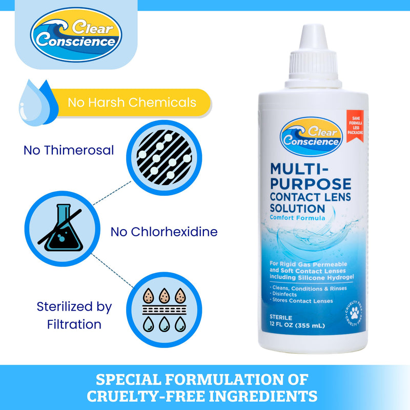 Cruelty-Free Contact Lens Solution 12oz - Multi Purpose Contact Solution & Contact Lens Cleaner - Eye Contact Solution, Sterile Isotonic Contact Lenses Solution by Clear Conscience 12 Fl Oz 1
