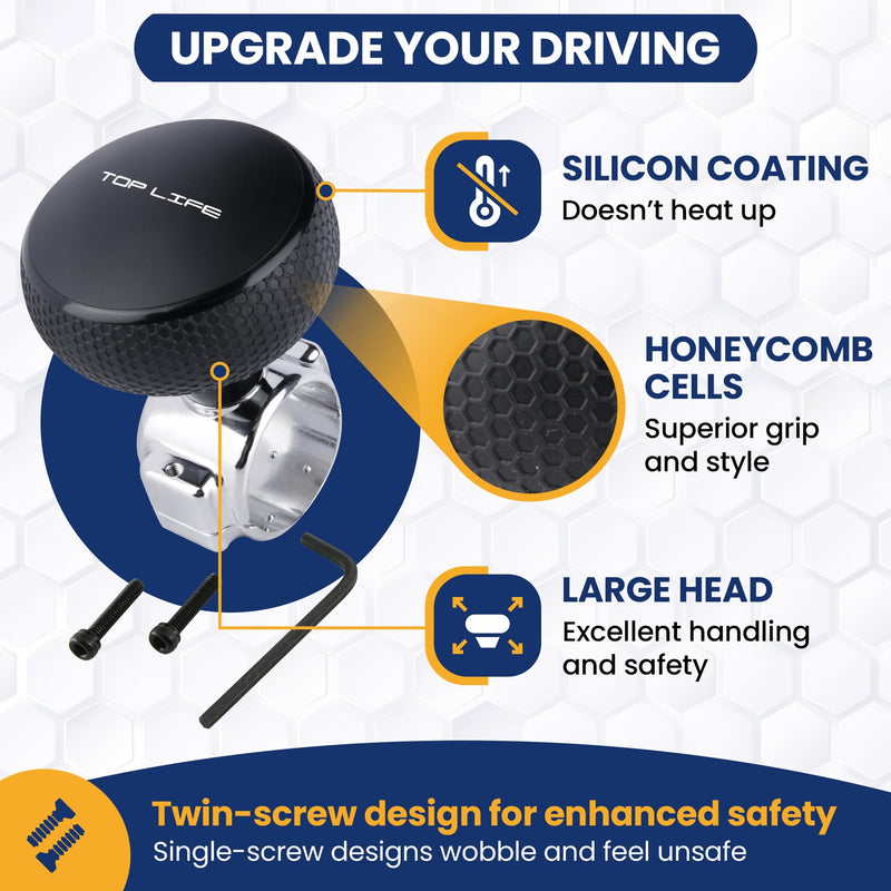 Top Life Truck Steering Wheel Knob - Silicone-Coated for Better Grip - XL Spinner for Thick Wheels - for Heavy Duty, Vans, Pickup Trucks, Semi, Sport Steering Wheels