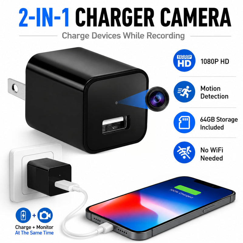 64G USB Charger Hidden Camera, 1080P Motion Detection Indoor Security Camera with SD Card Included, No WiFi/Monthly Fee, 106° Wide Angle, Local Storage Home Monitoring Device (2026 Upgraded) Silver Black