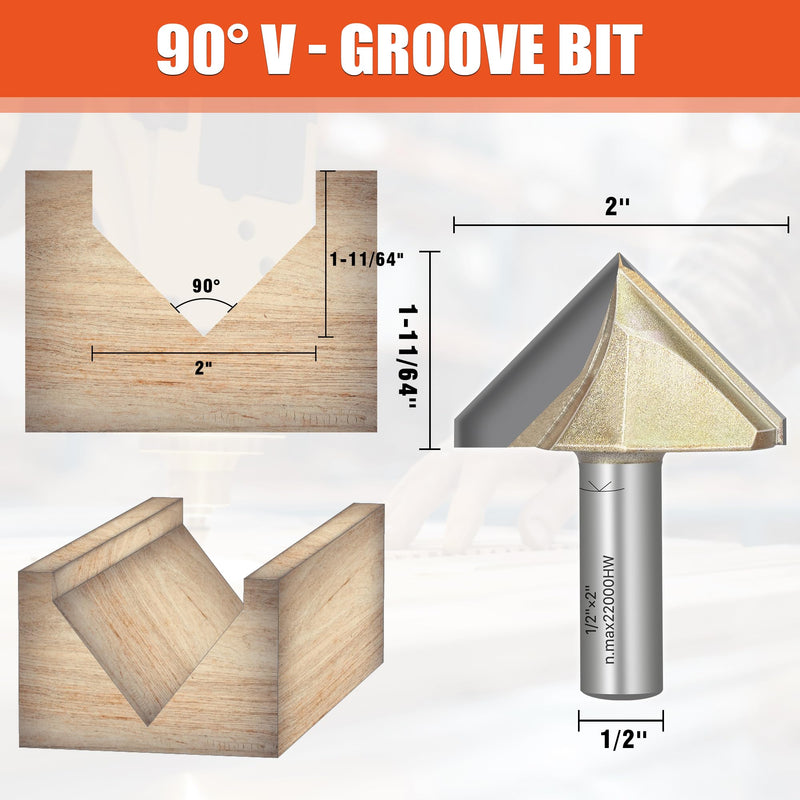 EASEWORK TOOL 90° V-Groove Router Bit, Professional-Grade Carbide Tipped, Woodworking Grooving – 1/2" Shank × 2" Diameter × 1-11/64" Cutting Depth 2"(Dia.) X 1-11/64"(Depth)