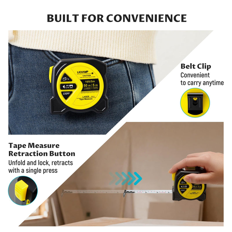 Lichamp Laser Tape Measure, 164ft Class II Laser Distance Meter (0.49mW Red Laser) and 16ft Manual Tape Measure